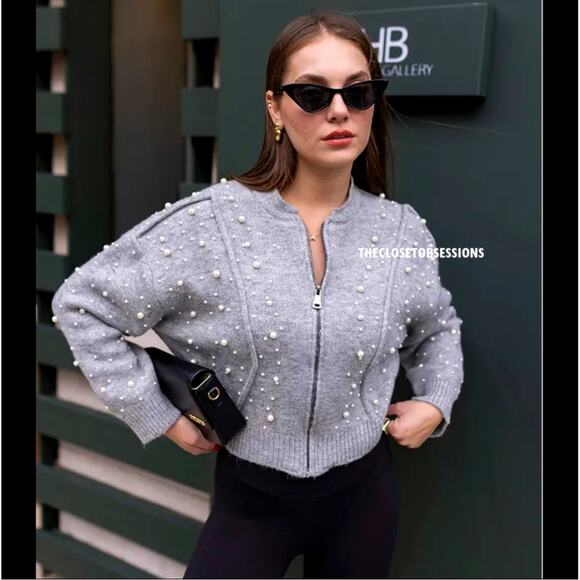 ZARA Wool-Blend Knit Jacket NWT | Gray Pearl Bomber Cardigan - Picture 5 of 12